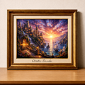 Fantasy sunset cityscape in ornate frame