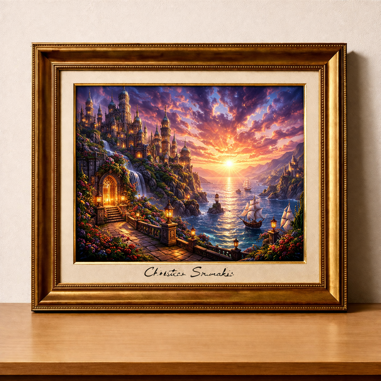 Fantasy sunset cityscape in ornate frame