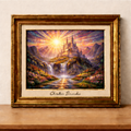 Majestic castle atop glowing waterfall