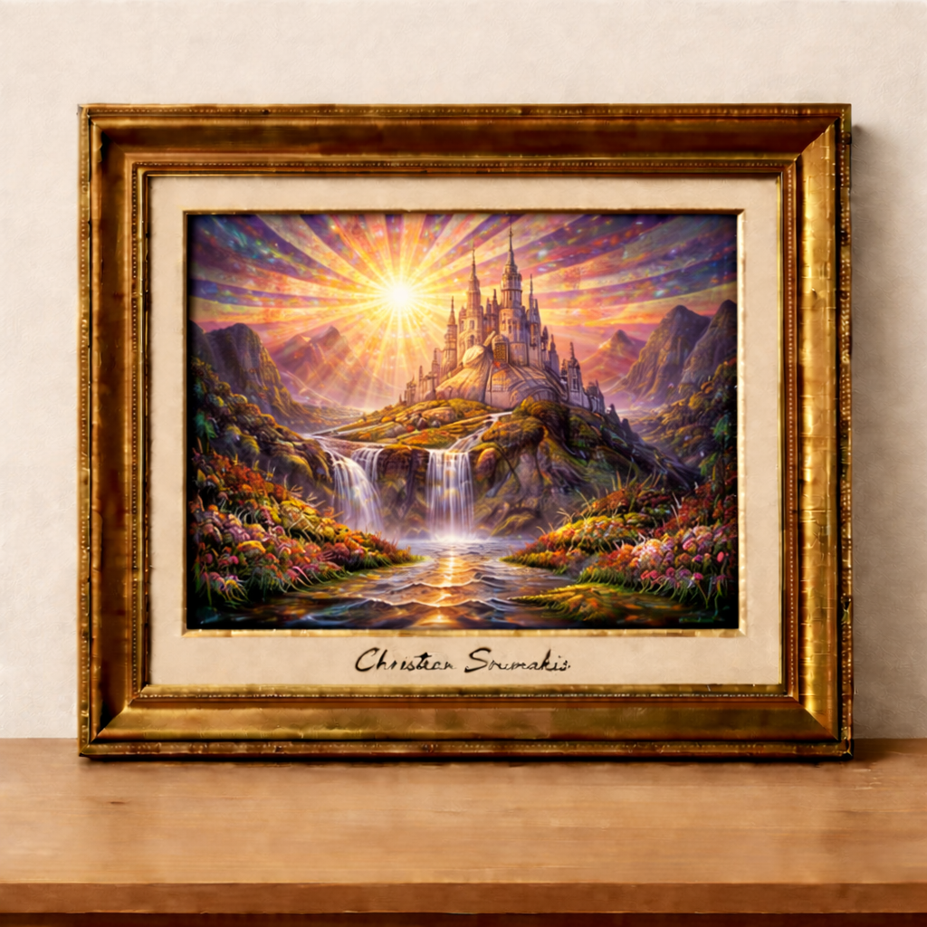 Majestic castle atop glowing waterfall