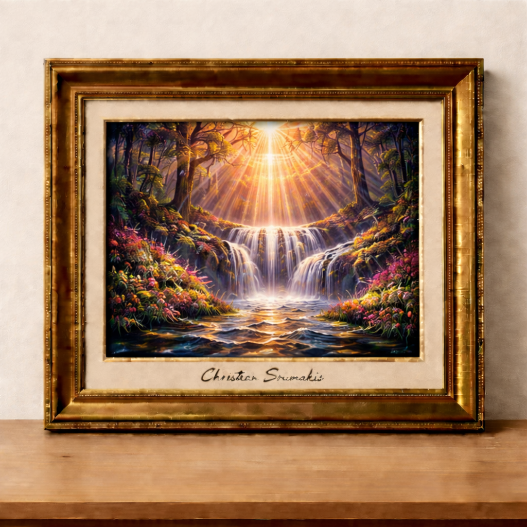 Radiant waterfall in a forest frame