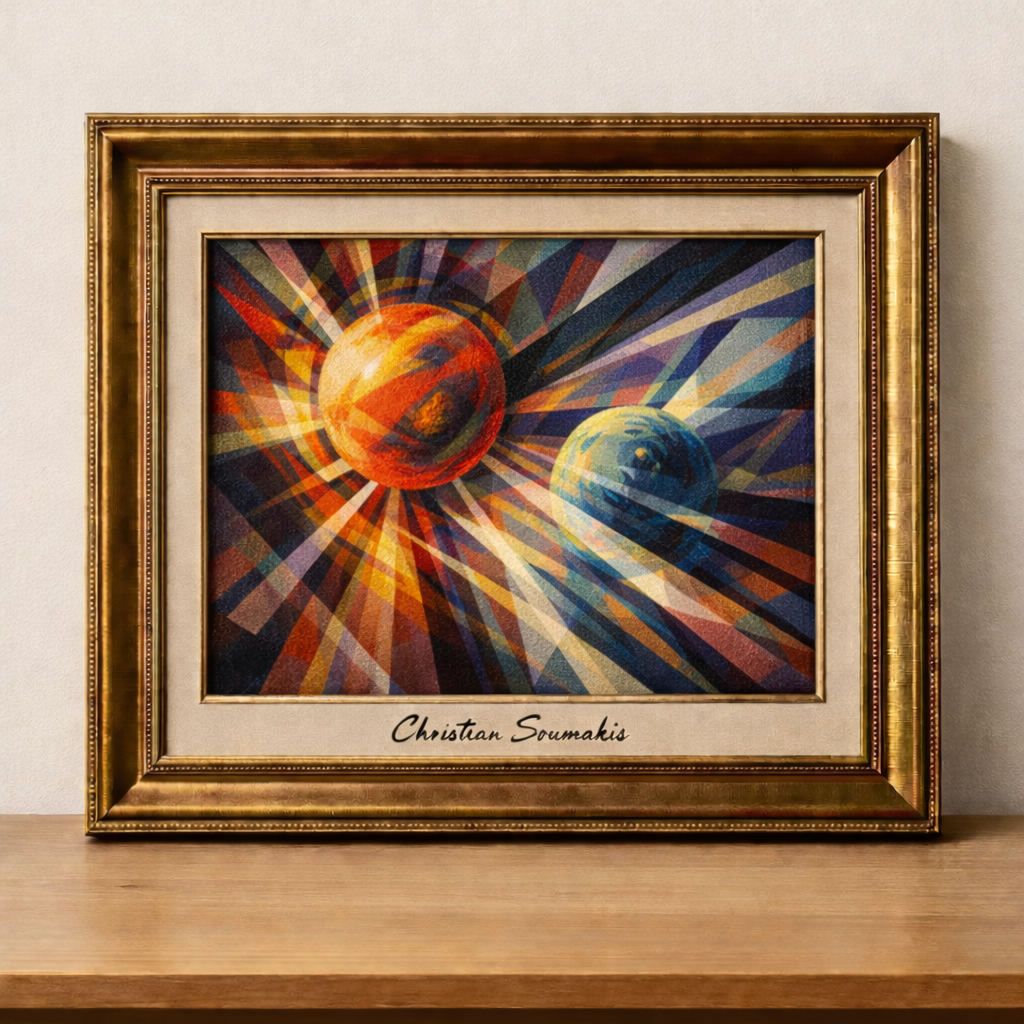 Rayonist abstract painting with vibrant planets