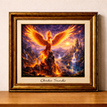 Rising phoenix over molten landscape