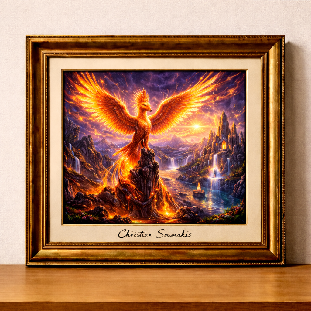 Rising phoenix over molten landscape