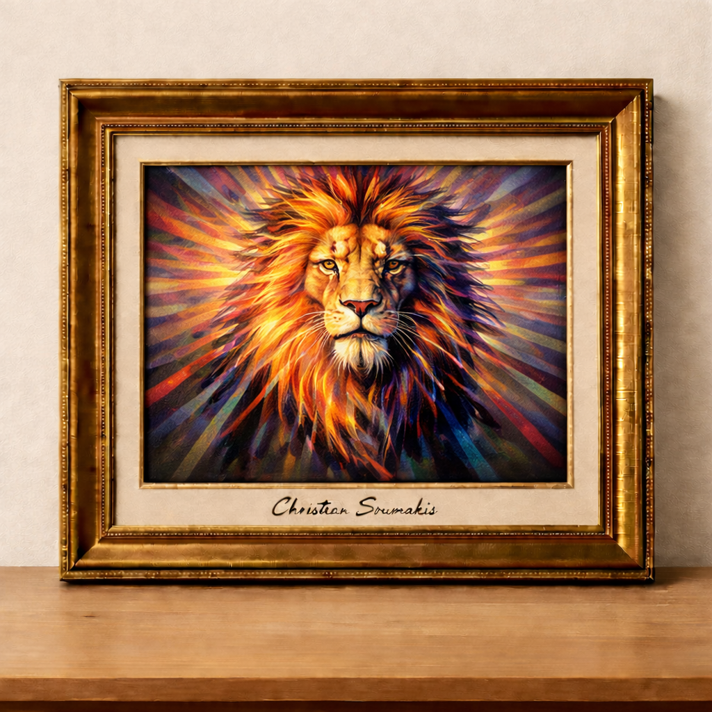Vibrant lion portrait in Rayonism style