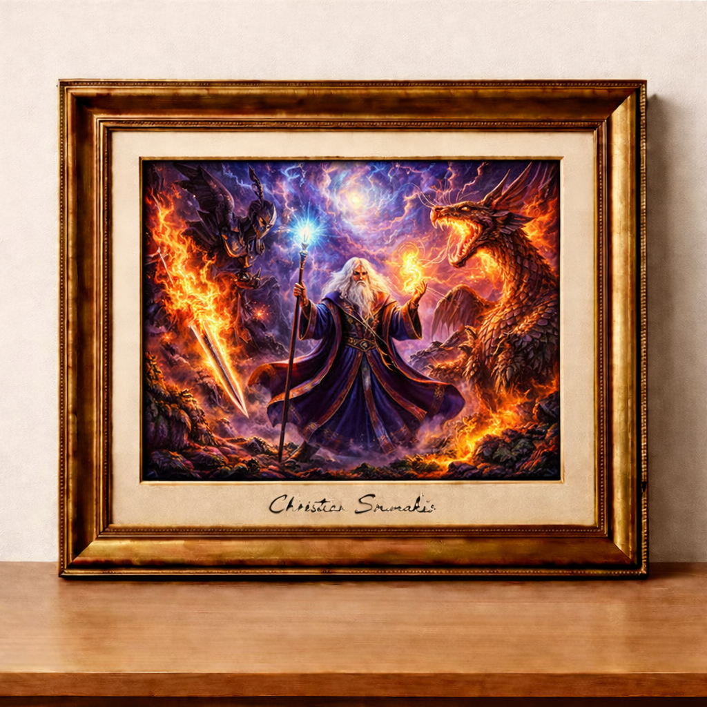 Wizard, dragon, and the burning sword